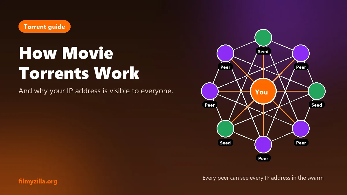 Diagram of a BitTorrent swarm with seeders and peers sharing pieces of a file