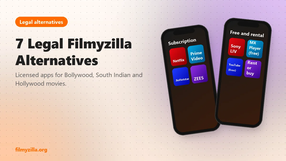 Graphic listing the 7 legal Filmyzilla alternative streaming apps
